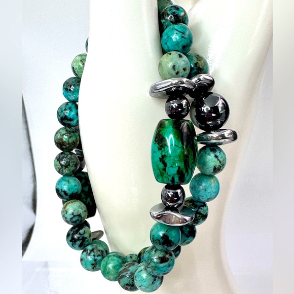 ISHI BRACELETS Jewelry - AFRICAN TURQUOISE + HEMATITE NATURAL STONES BRACELET SZ 7” set